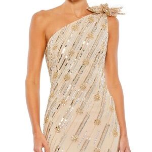 Mac Duggal Gold and Silver One-Shoulder Maxi Dress